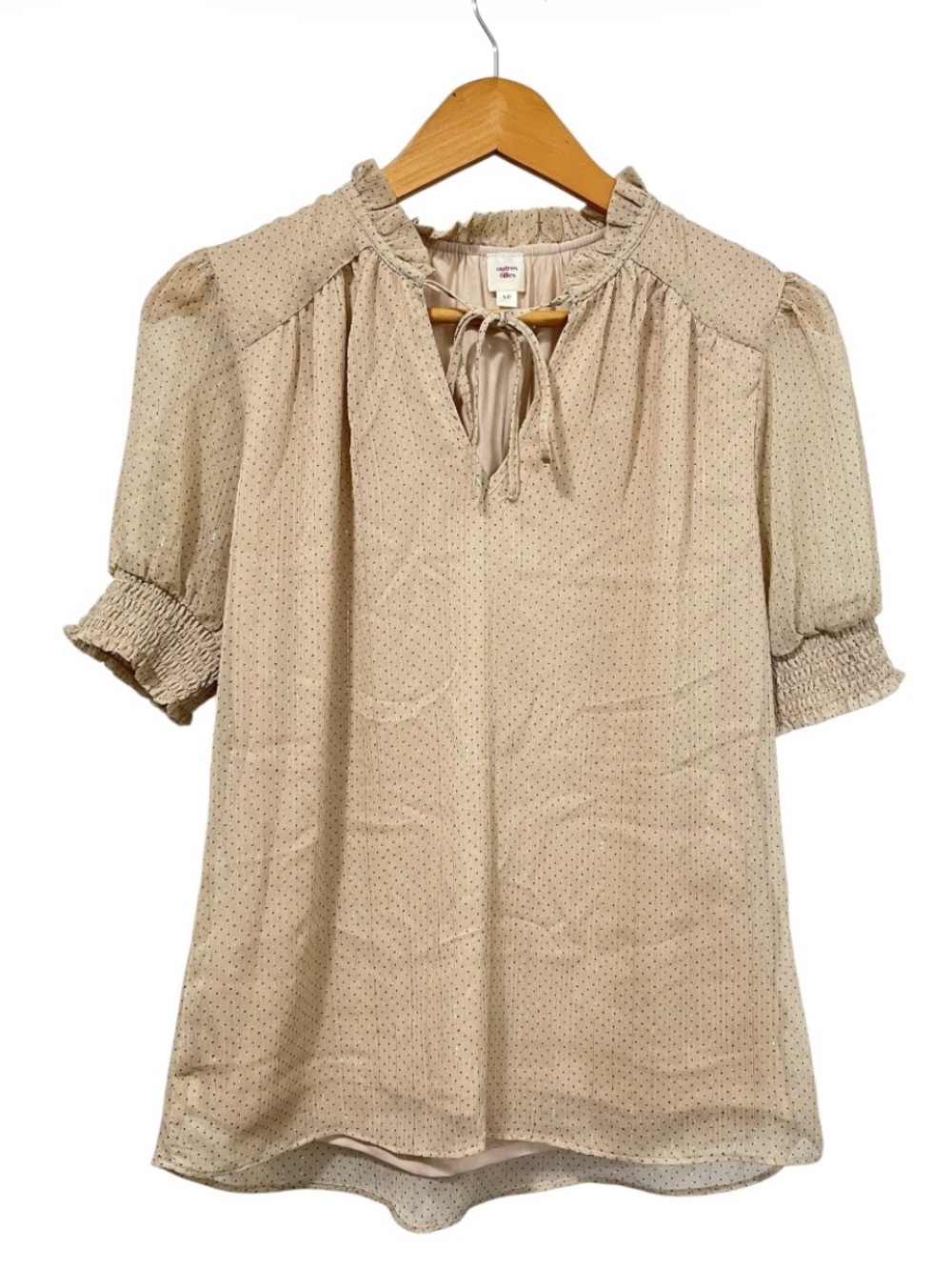 Autres Filles Metallic Thread Cream Dot-Print Tie-Neck Blouse